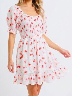 LOVESHACKFANCY Cosette White Cotton & Hot Pink Floral Smocked Ruffle Mini Dress